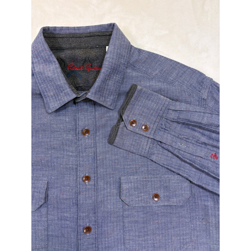 Robert Graham Blue Herringbone Speckled Button Down Shirt Mens Large Excellent